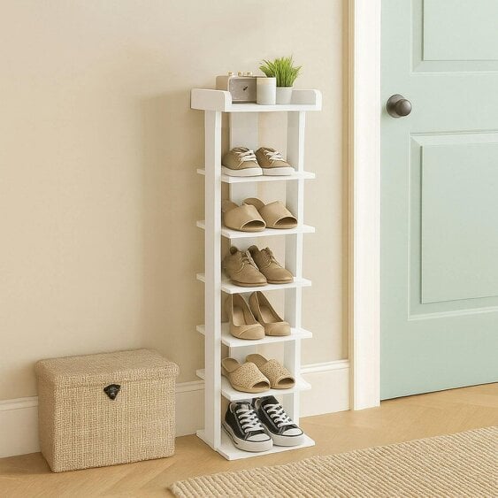 Neo White 7 Tier Wooden Shoe Rack Slim Narrow Storage Cabinet Space-Saving Entryway Bedroom Wardrobe