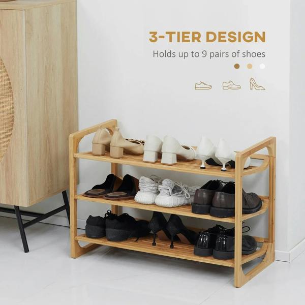 3-tier bamboo shoe rack with slatted shelves holding pairs of shoes, natural wood