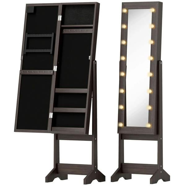 Dark brown freestanding mirrored jewellery cabinet with LED-lit mirror and open doors