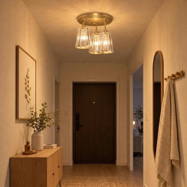 3-Light Crystal Glass Ceiling Light, Triple Head with Dual Mounting, Modern Ceiling Lamp for Living Room, Gold Tone