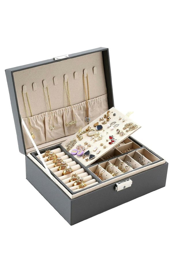 Living and Home Lockable Double Tier Faux Leather Jewellery Organizer