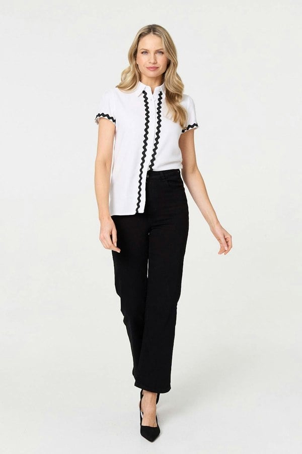 White | Zig Zag Trim Short Sleeve Shirt
