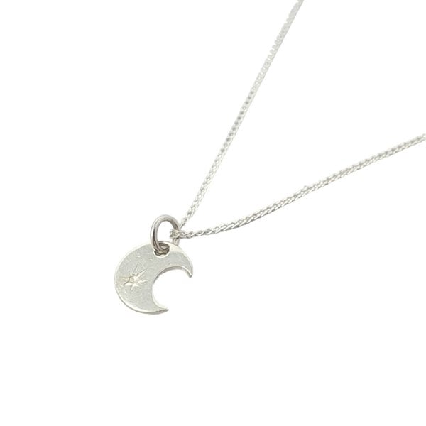 Crescent Moon Charm Wtih Star Sterling Silver Necklace