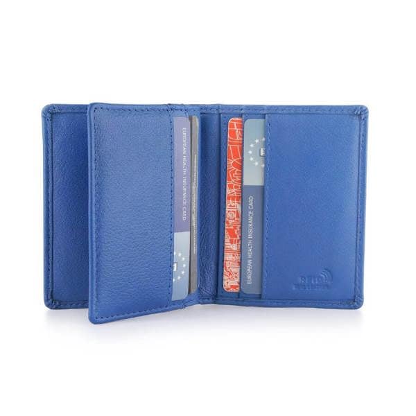 Blue wallet with cards inside on a white background
