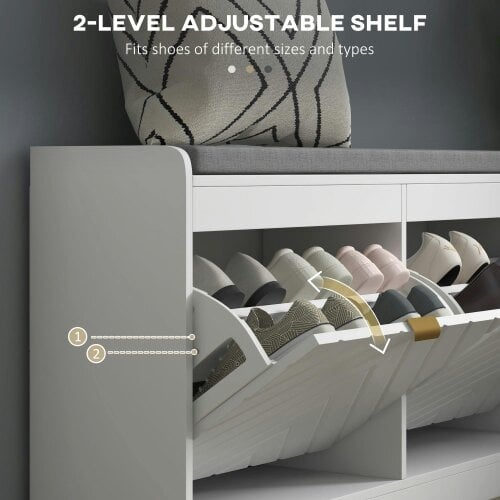 Wyld Haus Kera Wooden White Upholstered Shoe Bench With 2 Flip Drawers and Grey Padded Seat
