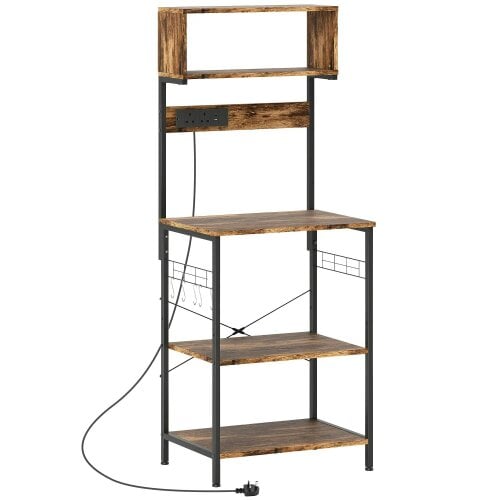 Bobobiy Bakers Rack with Power Outlet, Microwave Stand with Adjustable Shelves, 5 Hooks for Small Spaces, Rustic Brown