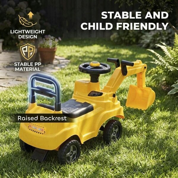 Bobobiy Ride On Tractor Digger, Toddler Excavator Toy Car with Adjustable Bucket, Horn, Under Seat Storage for Ages 1-3 Y Yellow
