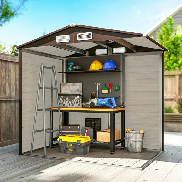 Oak metal garden shed interior with shelves and tools for organized storage
