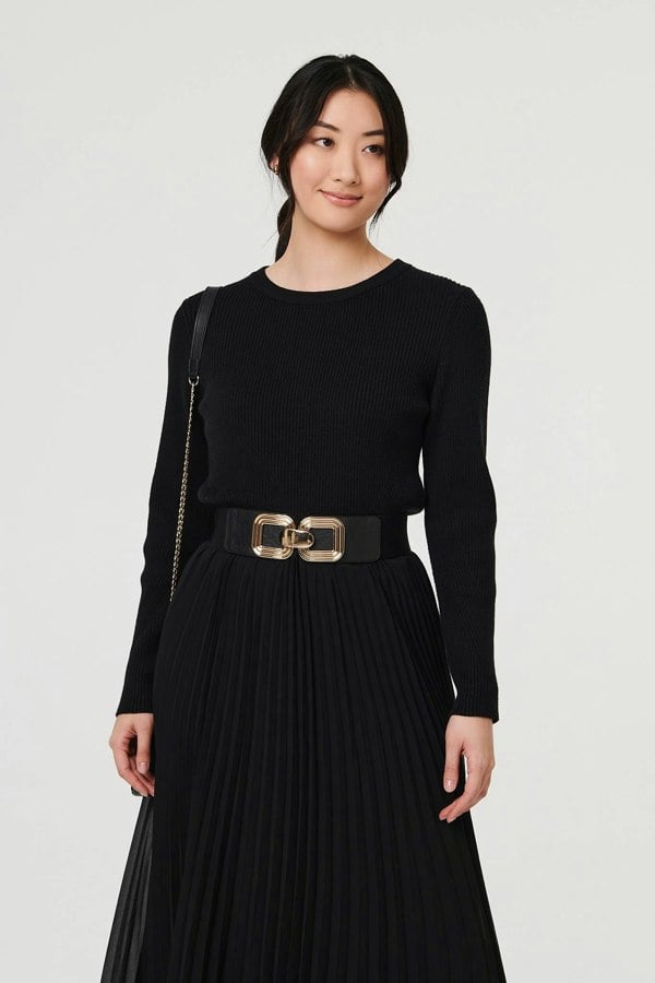 Black | Square Detail Stretch Wide Belt
