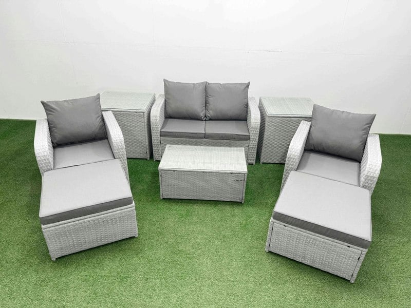 Fimous 6-Seater Light Grey PE Rattan Sofa Set | Outdoor/Indoor Reclining Chair, Rectangular Coffee Table, 3 Large Footstools, 3 Side Tables