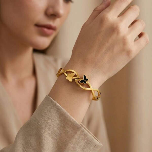 The Colourful Aura 18ct Gold Plated Black Butterfly Infinity Cut Out Spring Hinged Bangle Bracelet