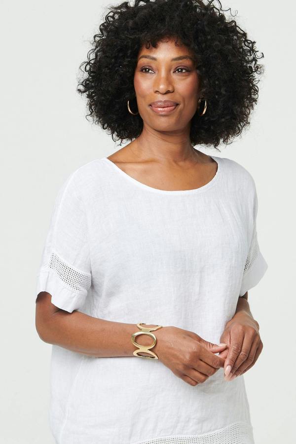 White | Relaxed Mesh Trim 1/2 Sleeve Top