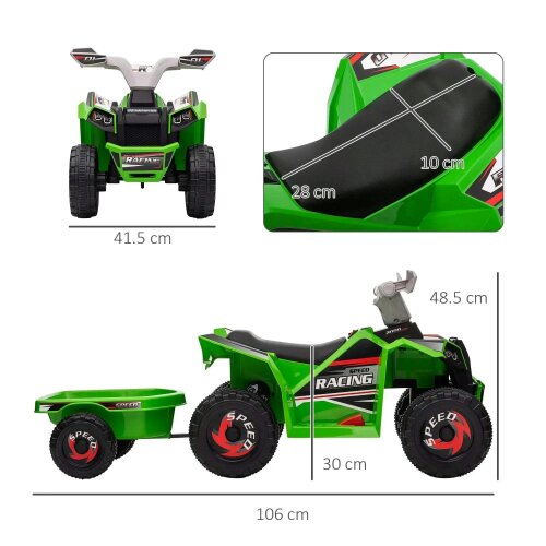 Bobobiy 6V Quad Bike with Back Trailer, Wear-Resistant Wheels, for Ages 18-36 Months, Green