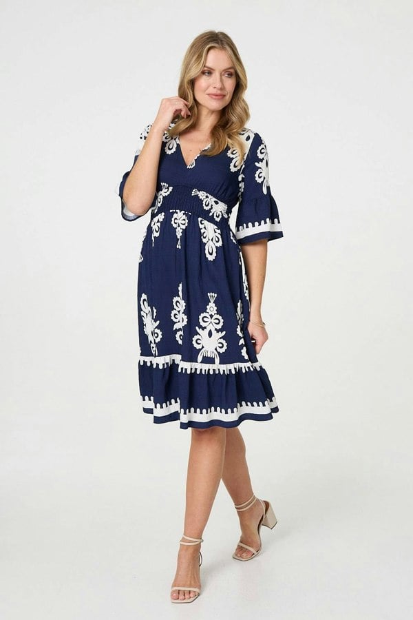 Navy | Ikat Print 1/2 Sleeve Relaxed Short Dress