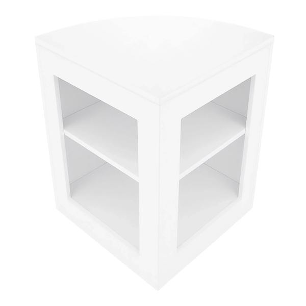 White corner display counter with two open shelves, featuring a sleek, modern design and smooth finish, ideal for retail settings
