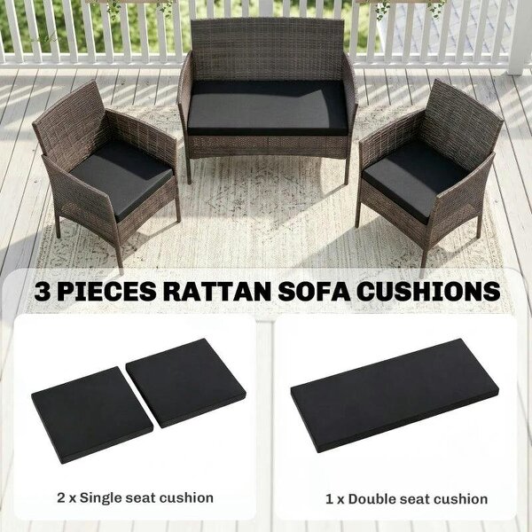 Outdoor Seat Cushion Pads for Rattan Furniture, 3 PCs Garden Furniture Cushions, Black