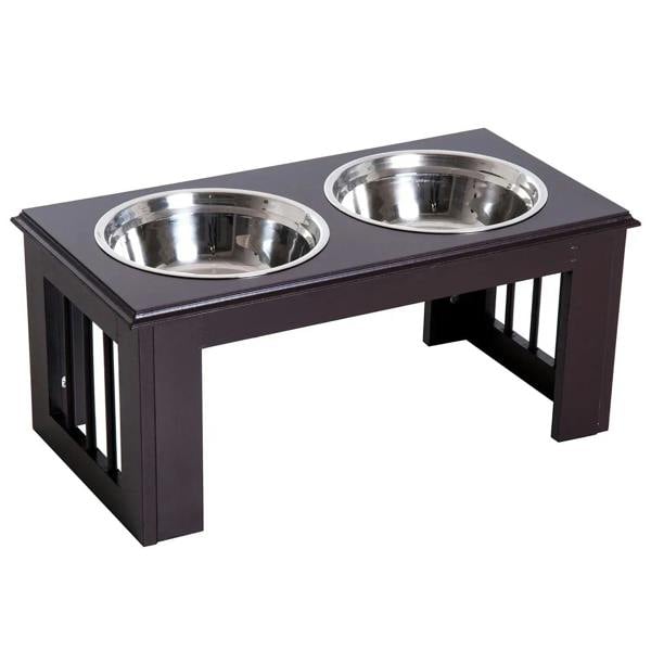 Brown raised dog feeding stand with two stainless steel bowls, elevated double feeder