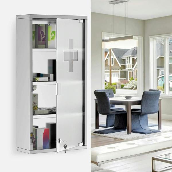 Wall-mounted stainless medicine cabinet with frosted glass door and multi-tier shelves