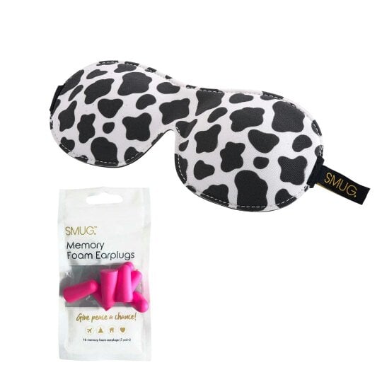 SMUG Contoured 3D Blackout Sleep Mask - Cow Print - Sleep Mask & Pink Earplugs