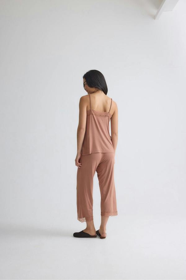 Pretty You London Bamboo Lace Cami Cropped Trouser Pyjama Set in Mocha