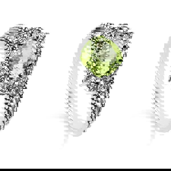 Gemondo Art Deco Style Cushion Peridot & Marcasite Ring in Sterling Silver