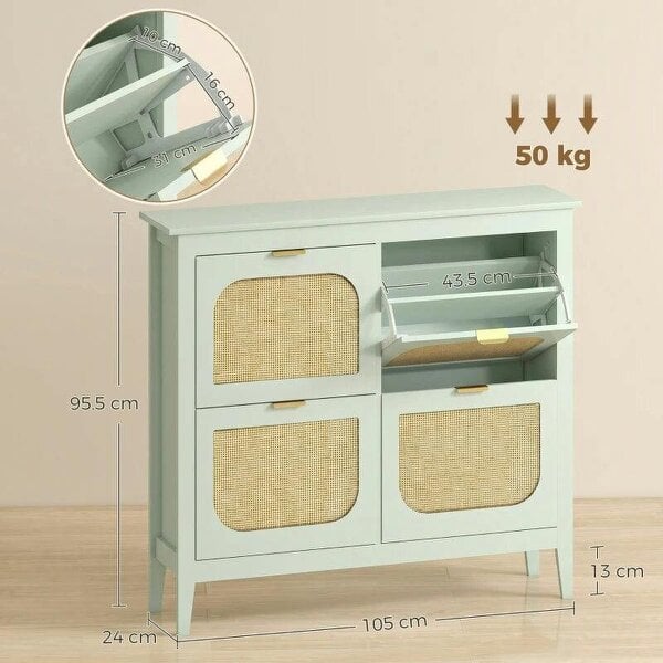 Bobobiy Narrow Shoe Cabinet, Boho Slim Shoe Storage Cabinet with 4 Flip Drawers, Holds 20 Pairs, Light Green