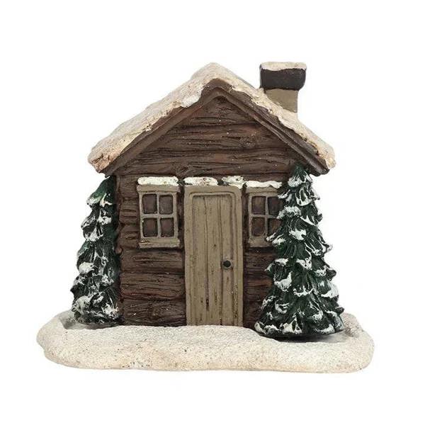 Log cabin incense cone burner with dark wood house, door, and pine trees
