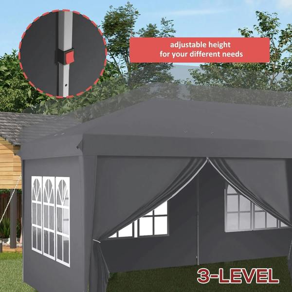 Grey pop-up gazebo tent with window side panel and adjustable-height support