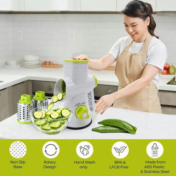 Top 3 Rotary Food Grater with 3 Stainless Steel Attachments White and Green