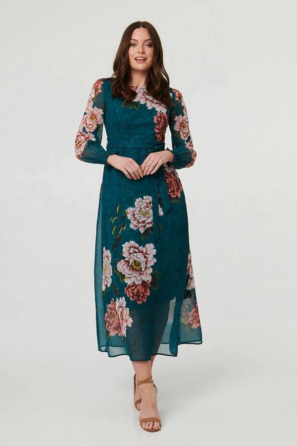 Green | Floral Semi Sheer Layer Midi Dress