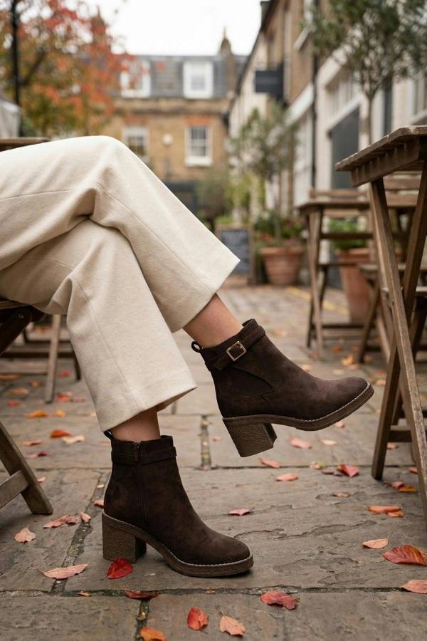 Saoirse Faux Suede Block Heel Boots - Brown
