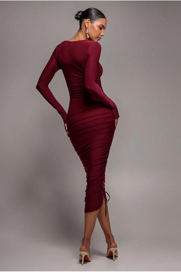 Asymmetrical Neck Ruched Midi Dress - Wine DR3541