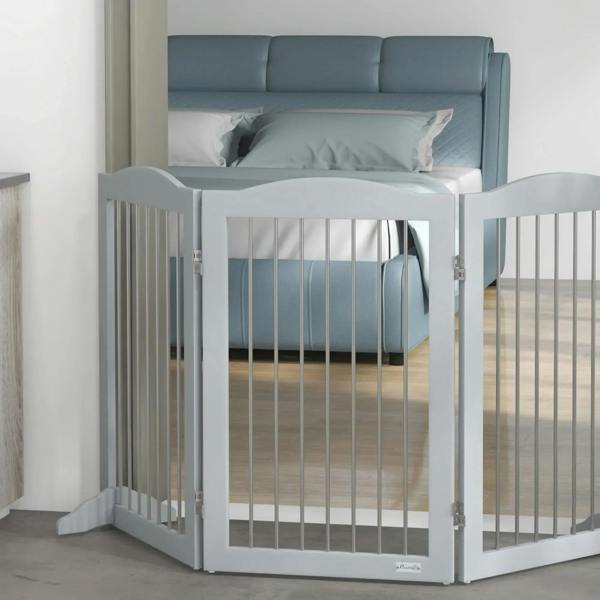Grey freestanding pet gate with vertical bars and two hinged doors