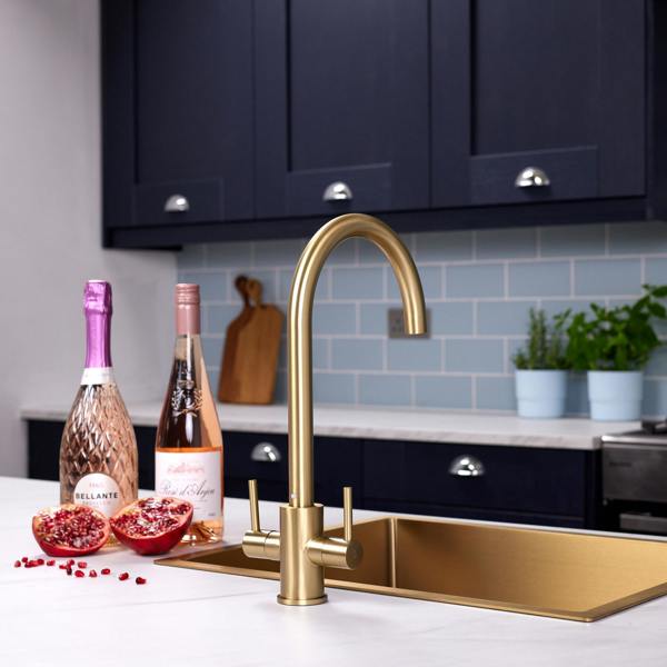 Flode Hammerfest | Dual Lever Kitchen Sink Mixer Tap with Swivel Spout | Brushed Brass Finish