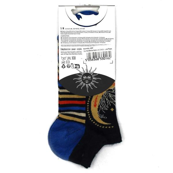 Low bamboo sock on back card, black with blue toe and striped lunar design