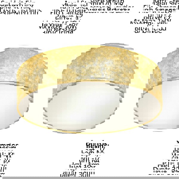 Flush Ceiling Light Colour Champagne Circular Shade Gold Fabric Bulb E27 1x60W Loops
