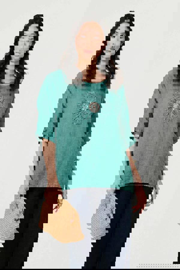 Blue | Sequin Textured Detail Relaxed Top : Model is 5'9"/175 cm and wears UK8/EU36/US4/AUS8