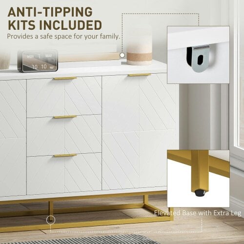 Wyld Haus Luka White Sideboard 3 Drawers 2 Doors Chevron Design Gold Accents