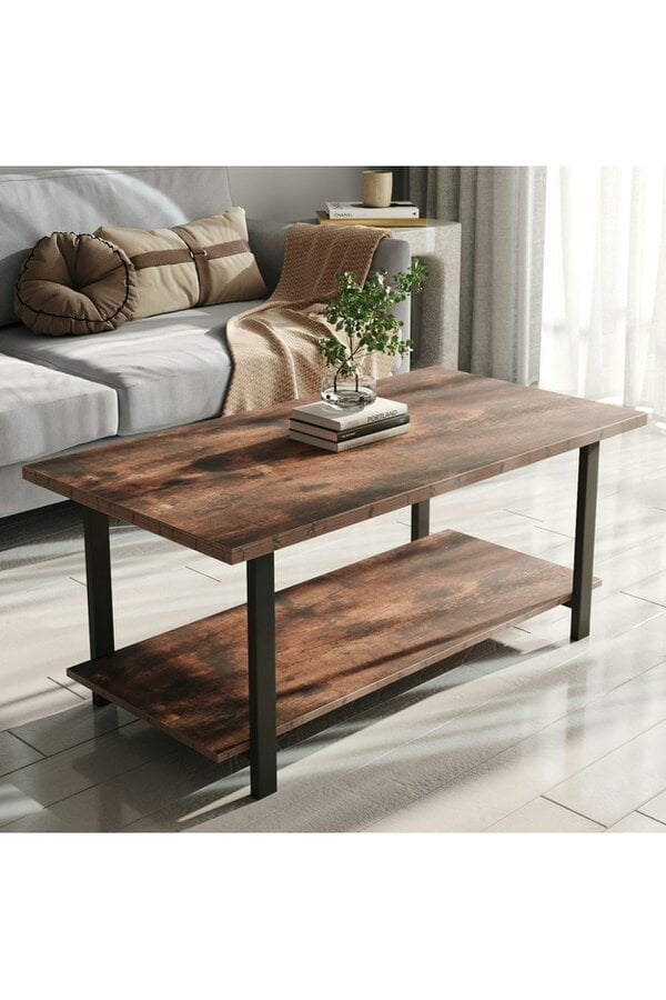 Living and Home Rustic Coffee Table with Storage Shelf - Brown