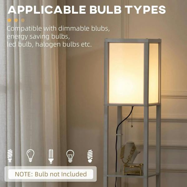 White floor lamp shelving unit with lit square lamp panels and open cabinet shelves