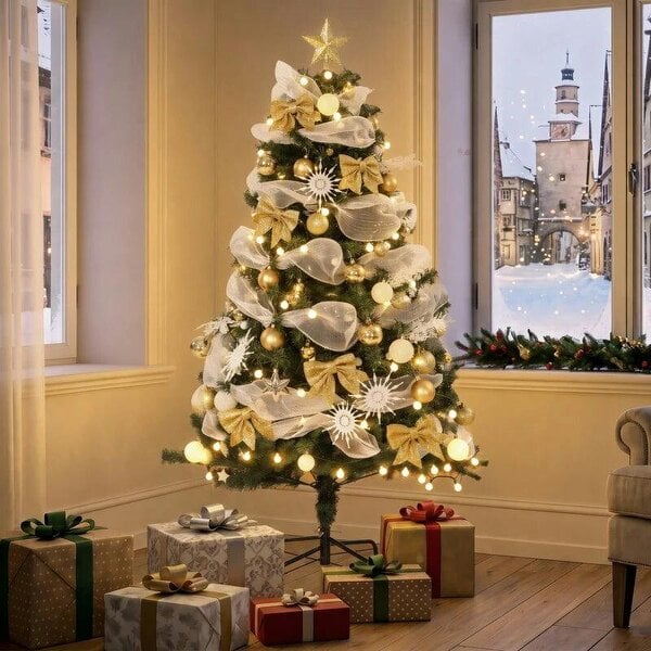 Bobobiy 5ft Pre-Lit Christmas Tree with 150 LED Lights, Artificial Xmas Tree with 8 Lighting Modes, 450 Tips, Remote, Green