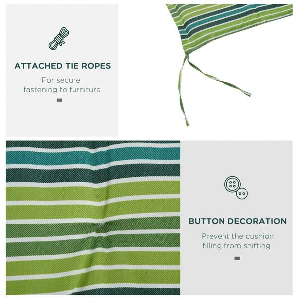 Green and teal striped cushion detail with attached tie ropes and button accent