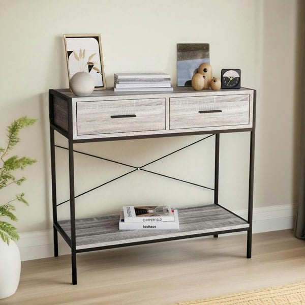 Rafaelo Mobilia 2 Drawer Industrial Console Table Grey