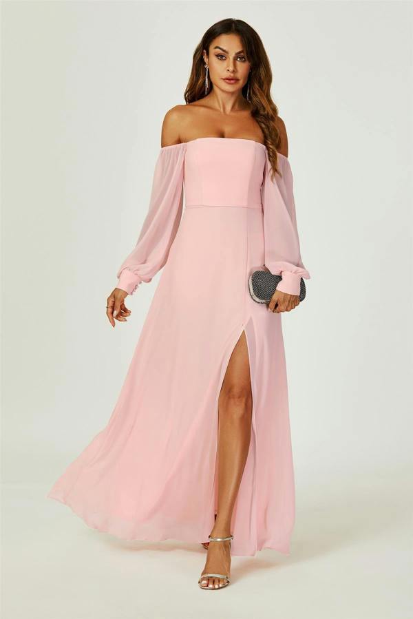 FS Collection Bardot Long Sleeve Bridesmaid Dresses with High Slit In Pink