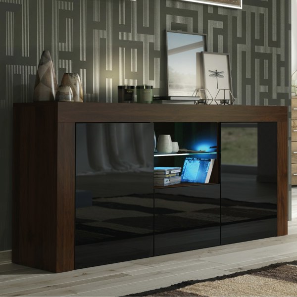 Mex Furniture Modern 145cm TV Unit, Cabinet Stand & Sideboard with Walnut Gloss & Free LED