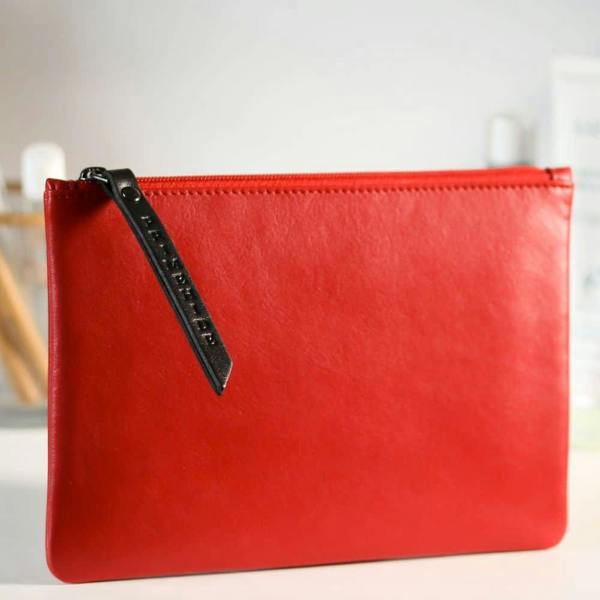 Slim soft red leather makeup pouch – side profile