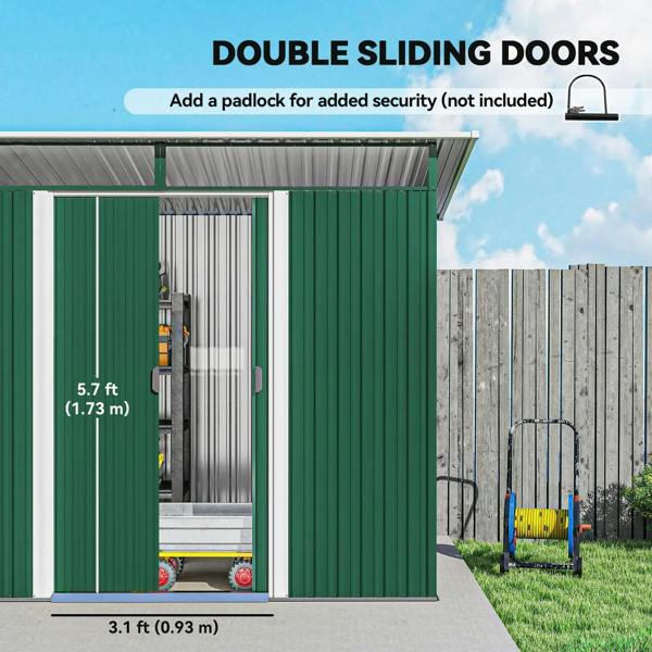 Green metal shed with double sliding doors and latch handle, front view