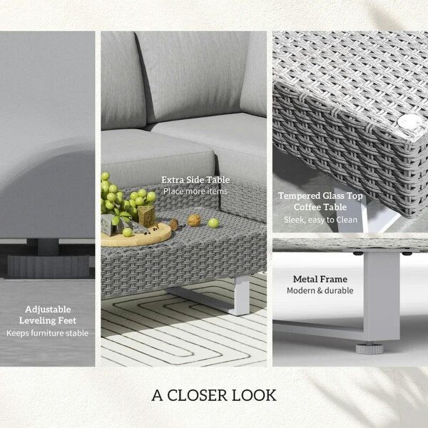 Three-Piece Rattan Sofa Set, with Cushions - Light Grey