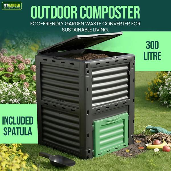 My Garden Outdoor Living Garden Compost Bin 300L with Spatula - Easy to Assemble Large Capacity Compost & Yard Waste Container