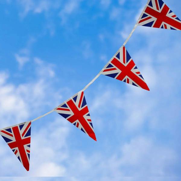 Union Jack flag bunting, 10m long, featuring vibrant red, white, and blue triangular flags against a bright blue sky